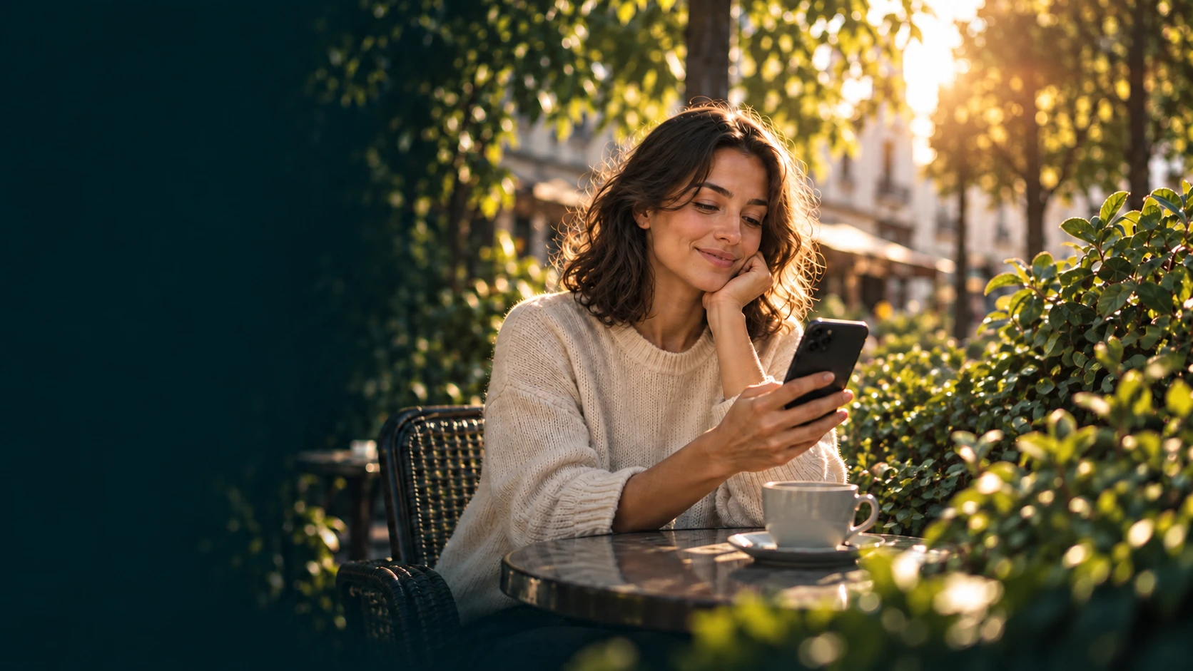 A woman messaging at an outdoor café