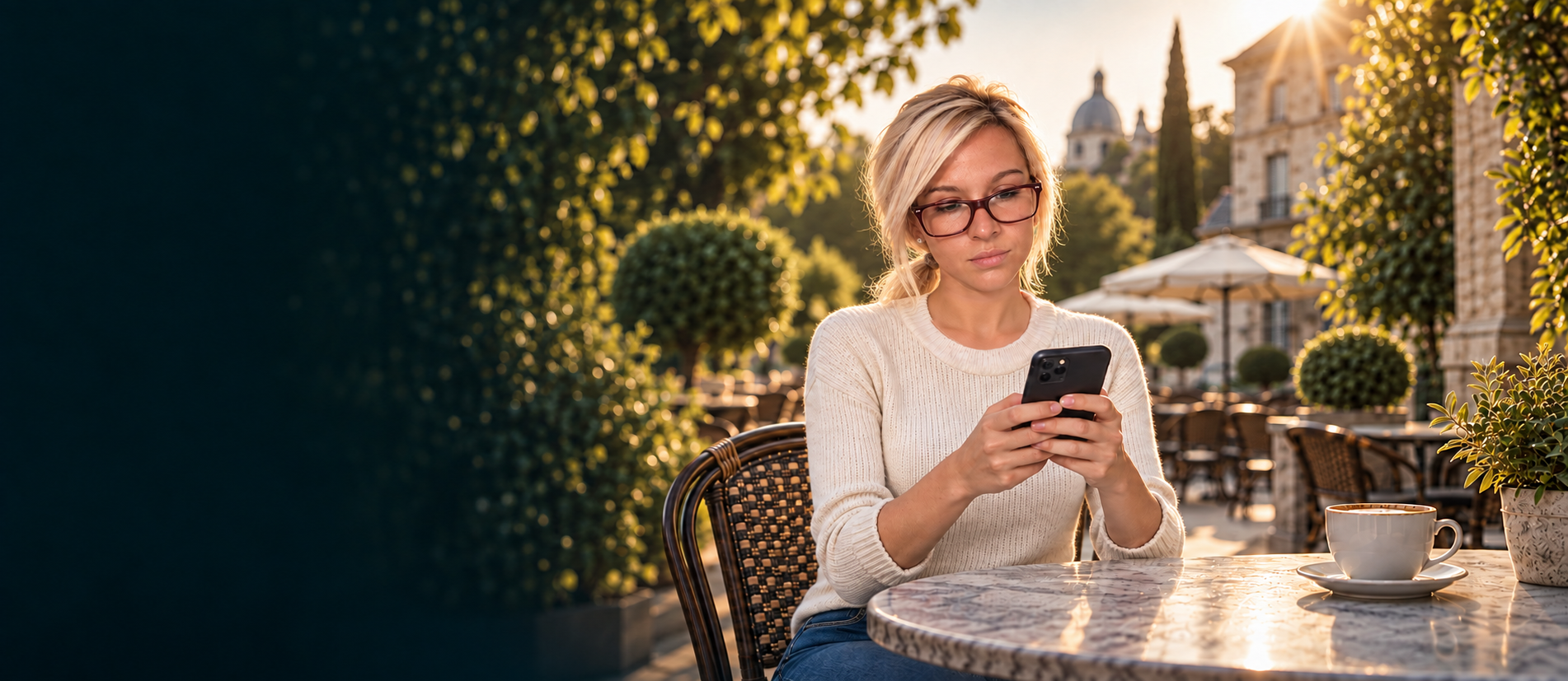 A woman messaging at an outdoor café